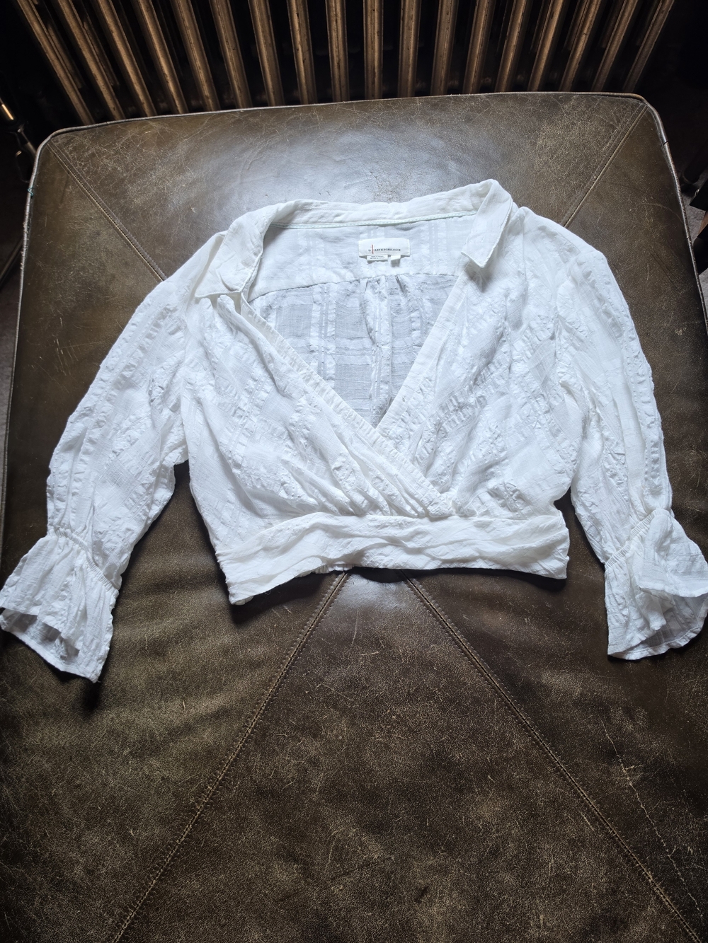 Anthropolgie Banded Surplice V-Neck Cropped Faux Wrap Blouse S